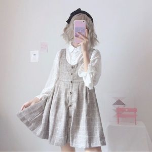 Honey Diary - Lace Blouse / Plaid A-Line Overall Dress